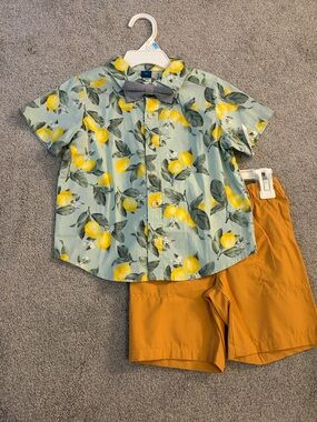 Boys Lemon Print Button-Up Shirt with Bow Tie and Mustard Shorts old navy nwt
